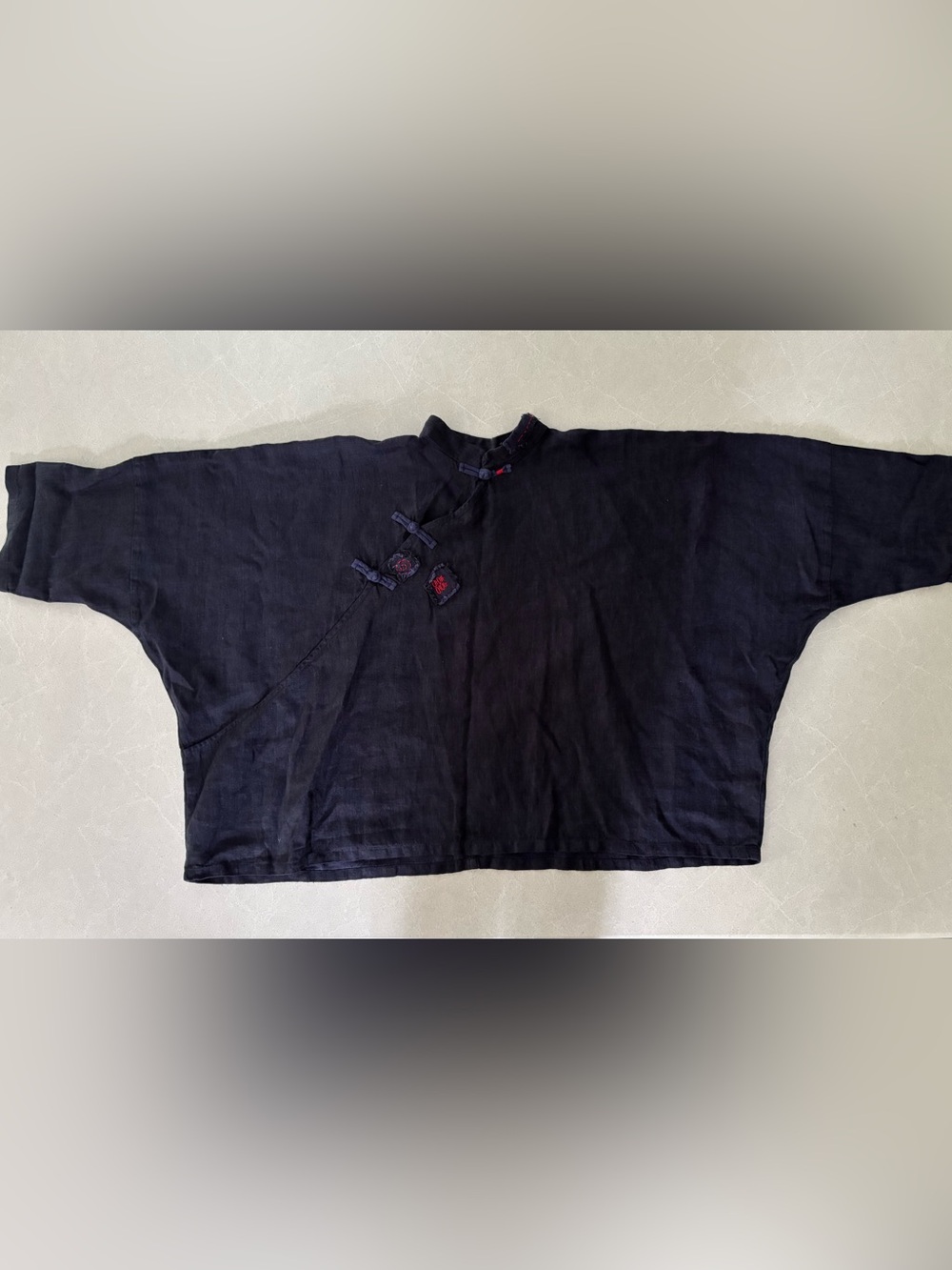 Ni Yin 泥印 Art To Wear Linen Zen Frog Button Tang Blouse Top Indigo Navy Size 2